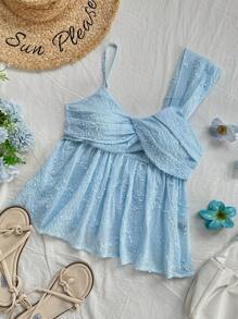 Sweetra 女士夏季新款蓝色刺绣衬衫，时尚不对称肩带荷叶边饰边，浅蓝色吊带背心上衣，半透明褶皱胸围，非常适合夏季海滩度假 - 藍色 - 查看 3