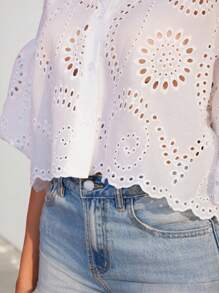Aveloria Modichic 波西米亚风格随意镂空刺绣泡泡袖简约时尚衬衫 - 白色 - 查看 8