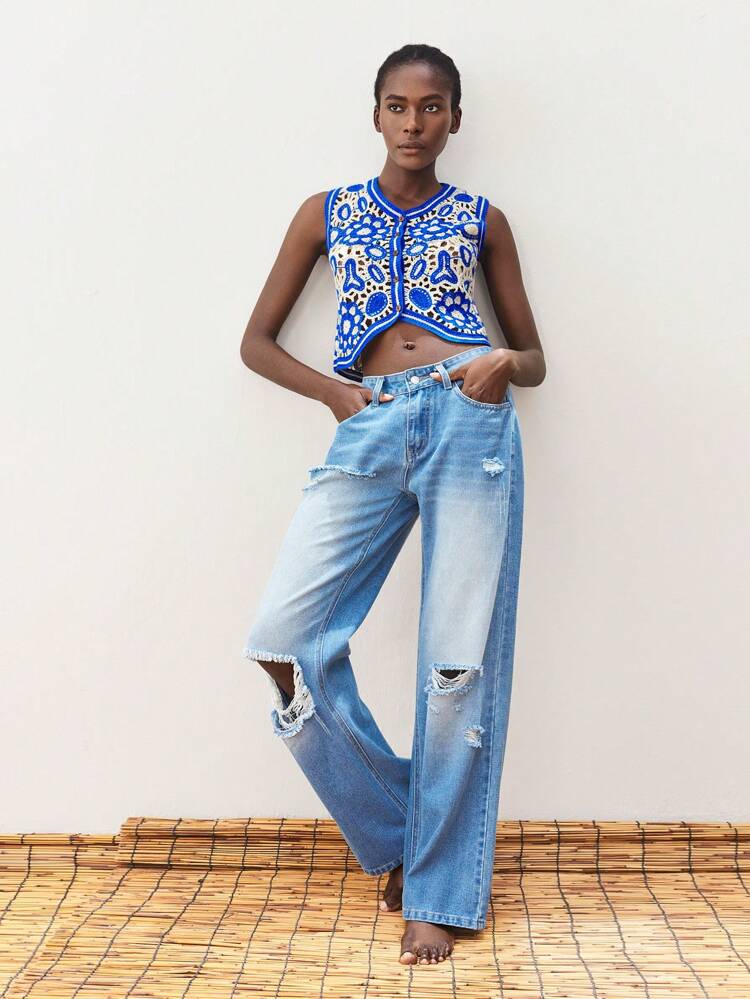 SHEIN Maija Durchbrochene Strickweste für Damen in Kontrastfarbe für den Urlaub, geeignet für den Strand, Frühling/Sommer, Cut Out