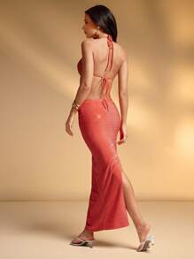 Hauture Vestido Longo Recortado com Brilho em Tricô com Enfeite de Concha - Laranja - Visão 2