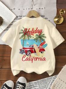Camiseta casual de manga corta con gráfico de letras y coches vintage, cómoda y versátil, adecuada para todas las estaciones - Estampado de roadster y palmera de playa de verano para niños pequeños