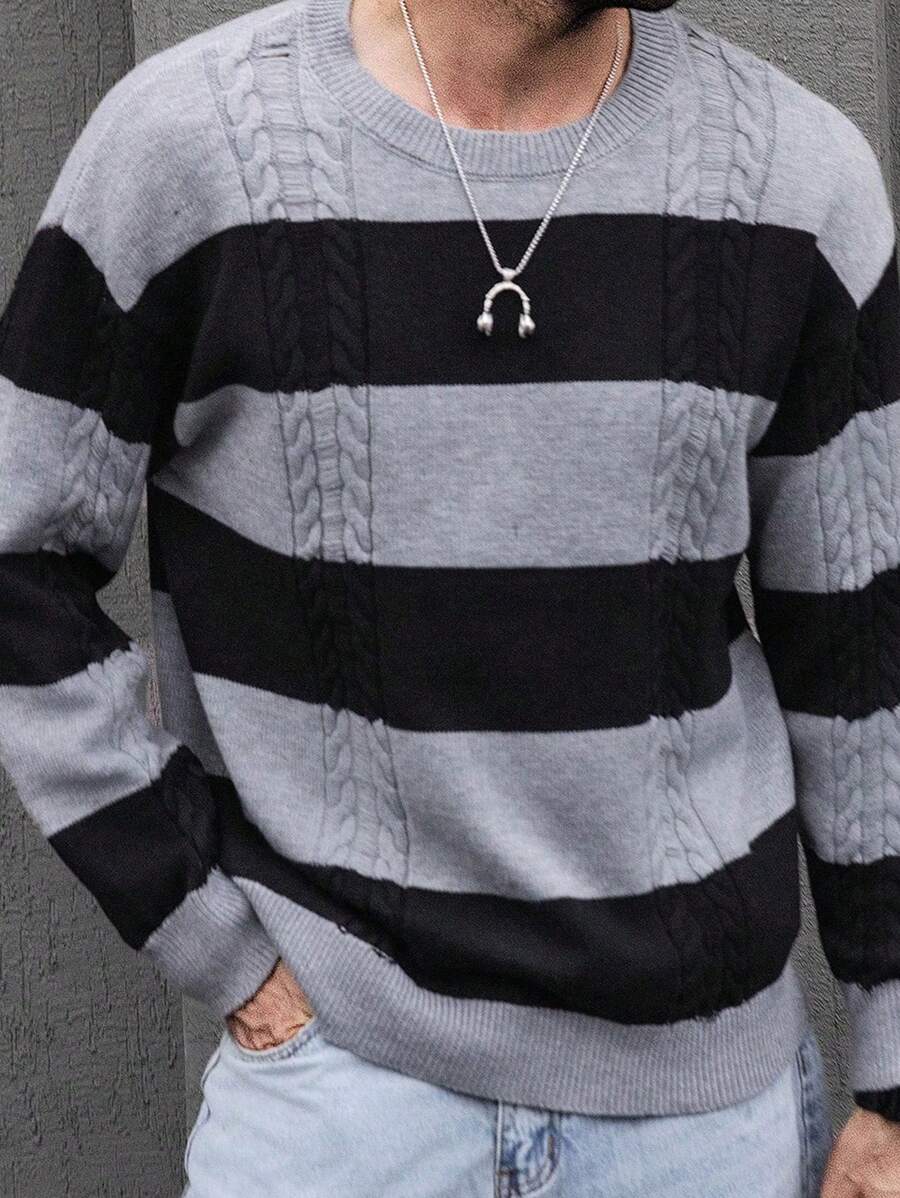Manfinity Homme 男士宽松条纹圆领长袖休闲拼色套头毛衣，秋冬，工作装，丈夫装 - 黑色 - 查看 1