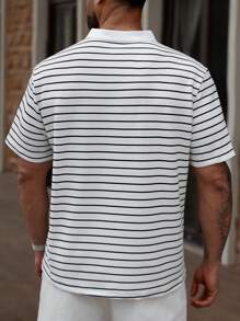 Manfinity Homme Plus Size Men's Casual Striped Button-Up Half Placket Short Sleeve POLO Shirt, Summer