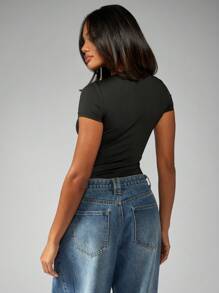 MISSGUIDED Long Sleeve Ribbed Bodysuit Form Fitting Basic Tee Body Top Essential Slim Classic Summer Activewear Athleisure Wardrobe Staple All Season Versatile Layering Piece - Black - View 2