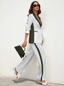 Aveloria Modichic Women's Color Block Lapel Collar Long Sleeve Jacket And Trouser Suit Set  - Green - View 5