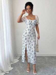 Elenzga Đầm Maxi in họa tiết Jacquard tay ngắn xẻ tà thường ngày cho nữ - Xanh và trắng - Xem 4
