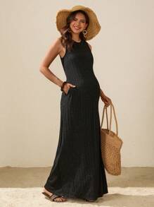 SHEIN 孕妇度假无袖纯色侧开衩连衣裙，休闲孕妇装