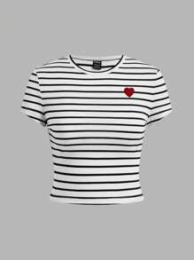 SHEIN EZwear 4 piezas Camisetas ajustadas y cortas de mujer de manga corta con cuello redondo, de estilo minimalista casual con diseños de corazón rojo, sólidos y rayas negras y blancas, versátiles, aptas para primavera y verano