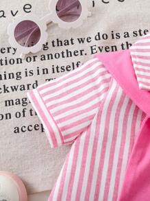 2pcs/Set Baby Girl Cozy Casual Versatile Cute Pink & White Striped Short Sleeve Shirt Dress With Shawl Outfit, Suitable For Indoor, Outdoor, Daily, Sports, Play, Party, Photography, Holiday, Festivals, Spring/Summer
