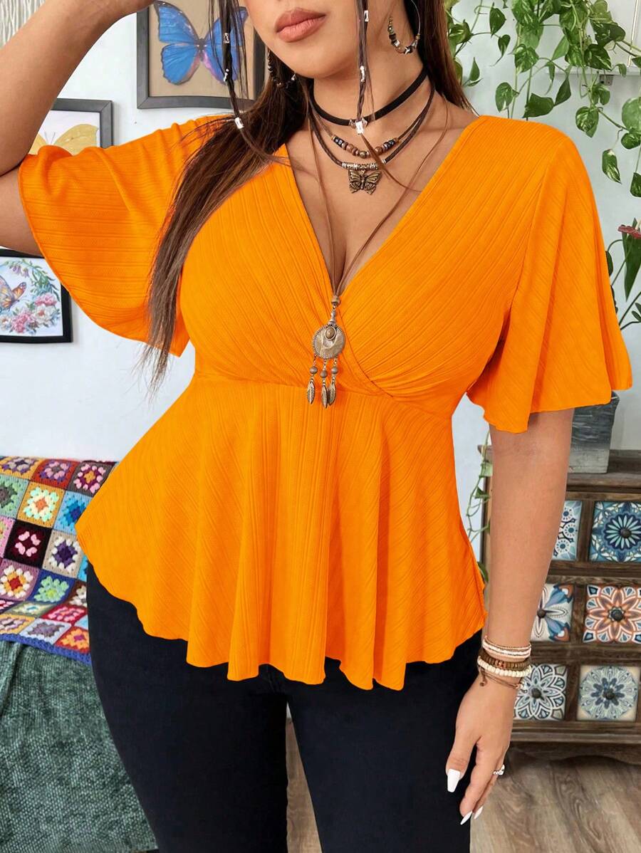 SHEIN MOOSTA Plus Size V-Neck Ruffle Sleeve Short Hem T-Shirt, Minimalist And Fashionable, Suitable For Summer - Orange - View 1