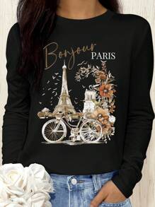 SHEIN LUNE Romantic Paris Spring/Summer Series Digital Print Casual Comfortable Versatile Fashionable Women Long Sleeve T-Shirt Fall Cloth For Women - Black - View 7