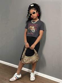 SHEIN Tween Girls Knit Crew Neck Short Sleeve Top And Solid Color Skirt 2-Piece Set - Multicolor - View 3