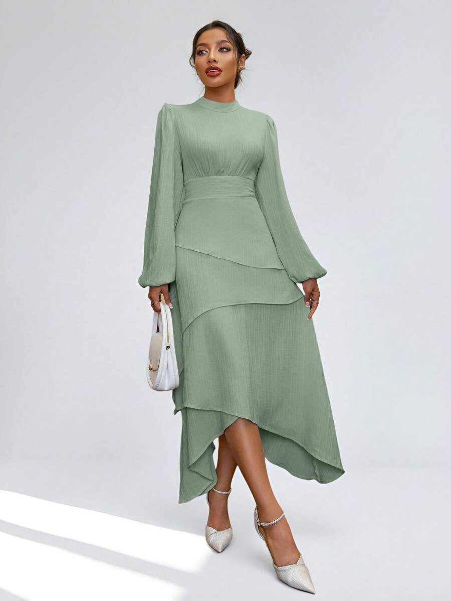 Women's Elegant Simpli City Solid Color Stand Collar Lantern Sleeve Backless Dress