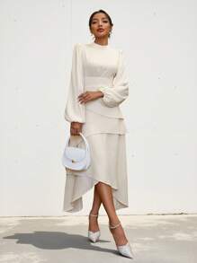 Aveloria Modichic 不对称下摆灯笼袖长袖连衣裙，适合女士外出度假装 - 杏色 - 查看 3