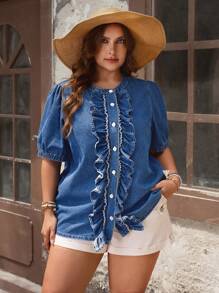 SHEIN LUNE 大码柔软流苏牛仔度假衬衫 - 中等水洗藍 - 查看 1