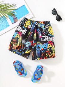 SHEIN Young Boy Casual Street Game Console Graffiti Pattern Swim Trunks, Beach Shorts, Swimwear For Beach, Swimming, Surfing