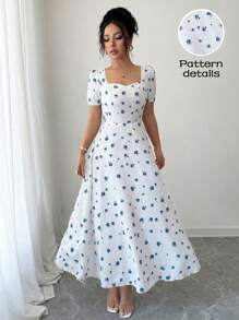 Elenzga 女式甜心领短袖全印花休闲长裙 - 白色 - 查看 1