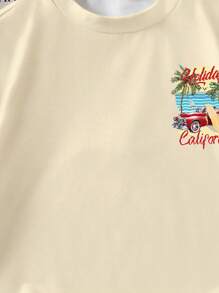 Camiseta casual de manga corta con gráfico de letras y coches vintage, cómoda y versátil, adecuada para todas las estaciones - Estampado de roadster y palmera de playa de verano para niños pequeños