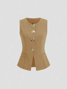 Sweetra Plus Size Sleeveless Casual/Commute Gold Button Open Front Spring/Summer Thin Blazer Summer Tops Graduation,Back To School,Teacher Outfits For Women