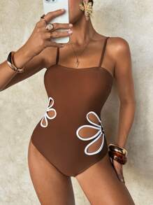 SHEIN Swim قطعة واحدة من ملابس السباحة النسائية ذات التصميم البسيط والأنيق، مناسبة للصيف - بني - مشاهدة 7