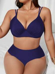 SHEIN Swim Curve 1 套加大码女式纯色钢圈高腰三角两件套泳衣，可调节肩带，优雅时尚性感休闲沙滩泳装 - 藏蓝色 - 查看 4