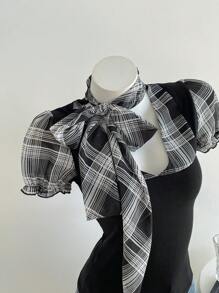 Elamini Women's Puff Sleeve Plaid Tie-Up Splice T-Shirt, Fashion - Black - View 5