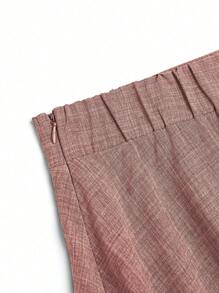 SHEIN Clasi 大码女式 A 字喇叭形灰色中长亚麻半身裙，优雅休闲春季 - 粉色 - 查看 5