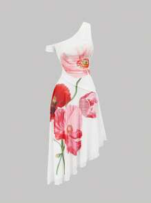 SHEIN MOD Vestido floral asimétrico elegante de hombro para mujer - Blanco - Ver 1