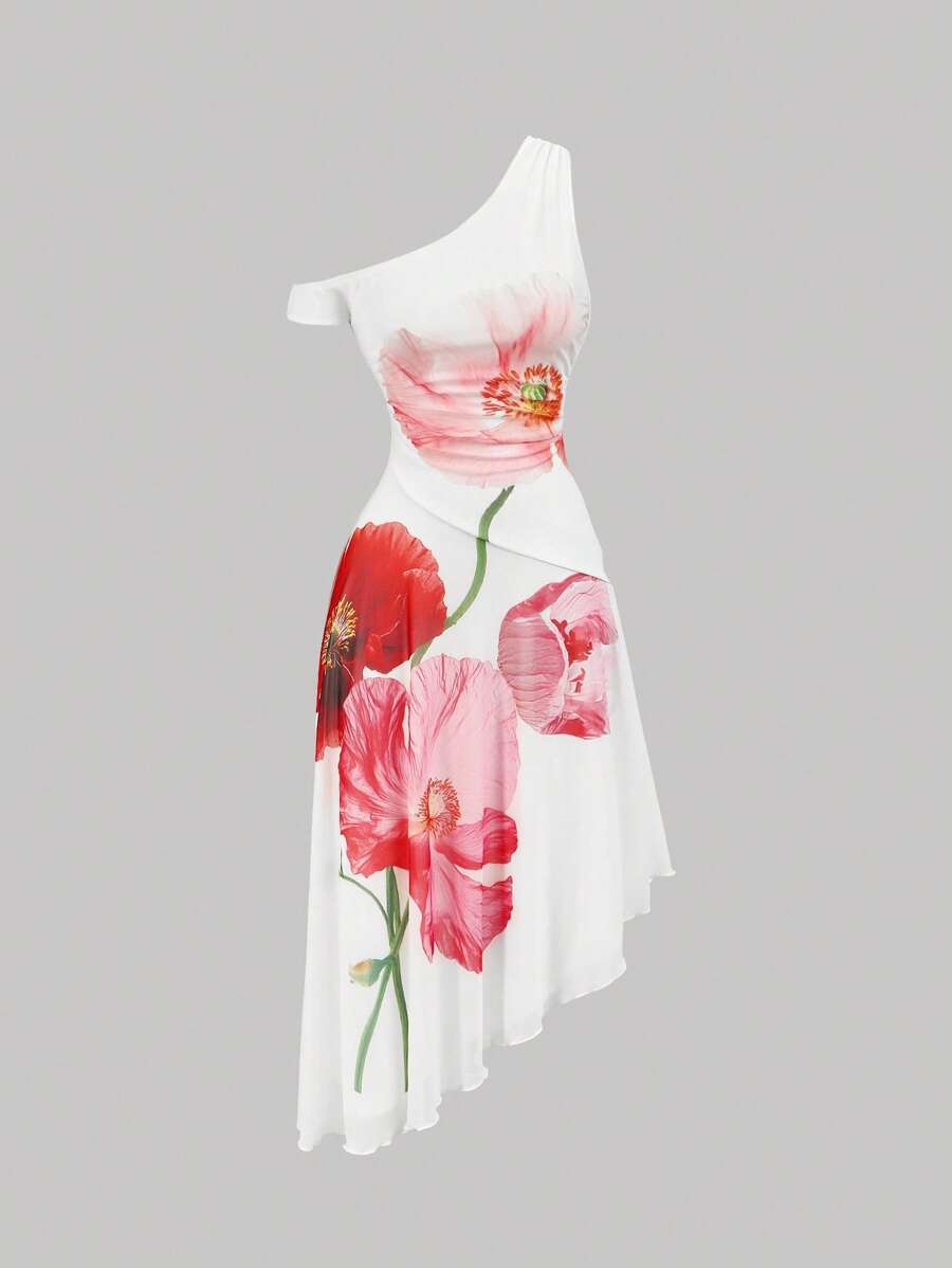 SHEIN MOD Vestido floral asimétrico elegante de hombro para mujer - Blanco - Ver 1