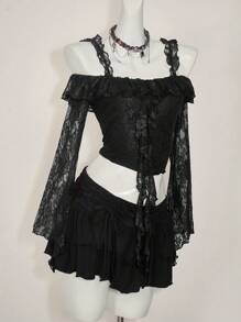 SHEIN ICON 女式露肩嬉皮波西米亚风优雅荷叶边长袖蕾丝衬衫西部风女装 - 黑色 - 查看 8