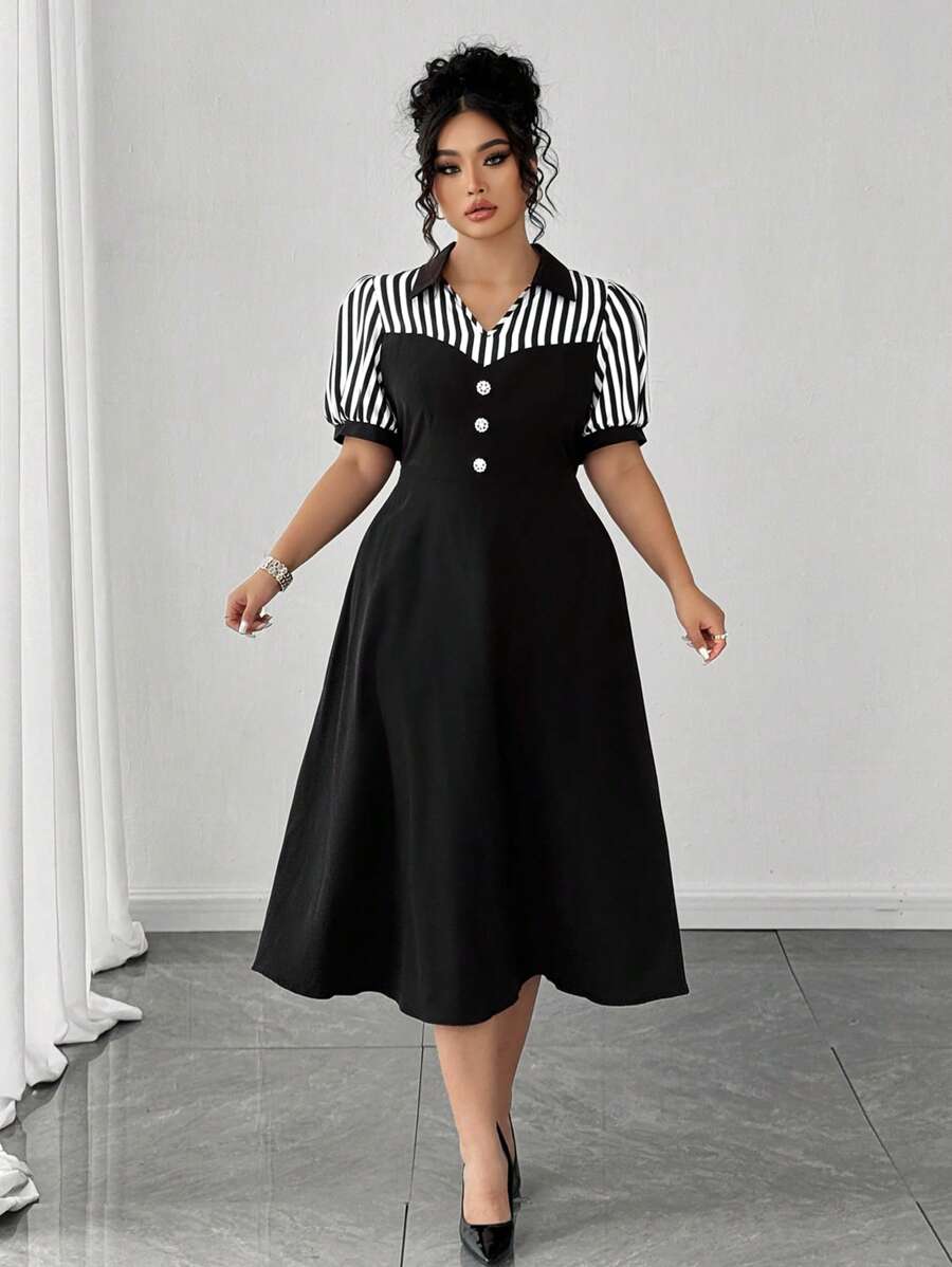 Elenzga 大码拼色条纹印花优雅短袖连衣裙 - 黑與白 - 查看 1