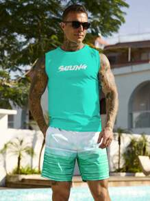 Manfinity Swimmode Set de 2 piezas de traje de baño de verano para hombre con top tipo tank y shorts estampados con letras, estilo hawaiano