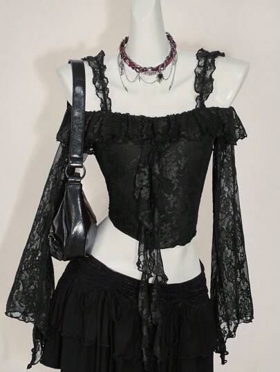 SHEIN ICON 女式露肩嬉皮波西米亚风优雅荷叶边长袖蕾丝衬衫西部风女装