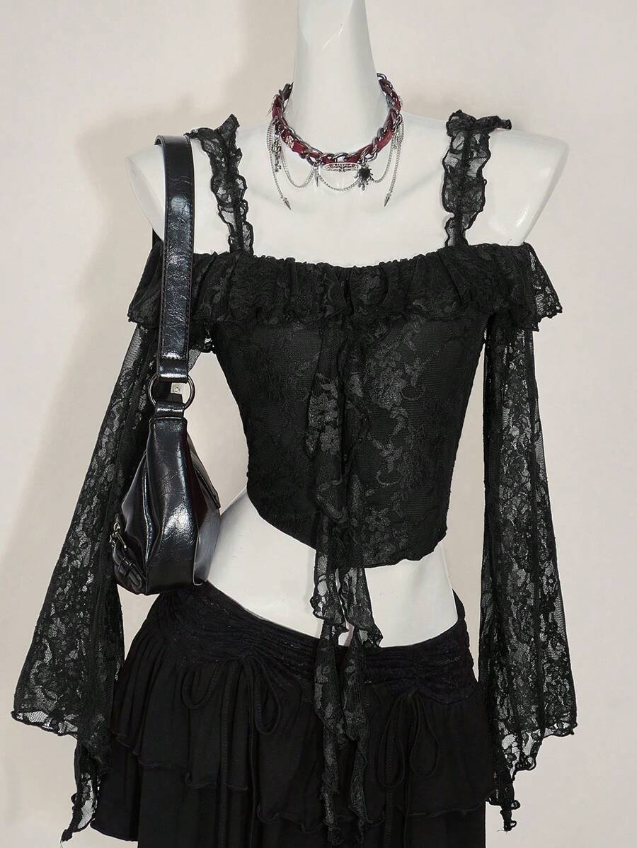 SHEIN ICON 女式露肩嬉皮波西米亚风优雅荷叶边长袖蕾丝衬衫西部风女装 - 黑色 - 查看 1