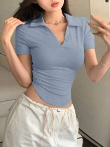 DAZY Women's Casual Solid Color Round Neck Short Sleeve T-Shirt, Versatile And Simple Style - Blue - View 2