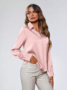 SHEIN Privé 长袖女式纯色衬衫优雅商务休闲女式纽扣衬衫 - 粉色 - 查看 5