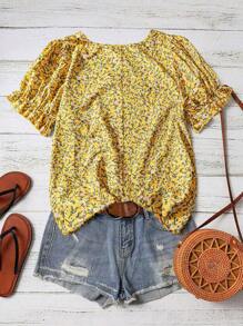 Linhara Plus Size Women's Ditsy Floral Square Collar Short Sleeve Casual Shirt - Yellow - View 2