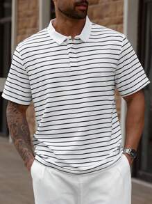 Manfinity Homme Plus Size Men's Casual Striped Button-Up Half Placket Short Sleeve POLO Shirt, Summer