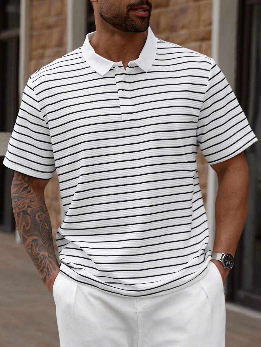 Manfinity Homme Plus Size Men's Casual Striped Button-Up Half Placket Short Sleeve POLO Shirt, Summer