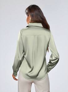 SHEIN Privé 纯色休闲长袖衬衫节日派对服装纽扣衬衫女士 - 綠色 - 查看 2