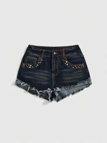 ROMWE Grunge Punk Vintage Distressed Rivet Design Women Denim Shorts, Street Style - Grey - View 1