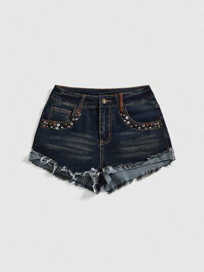 Grunge Punk Short en jean vintage et usé avec rivets pour femmes, style de rue