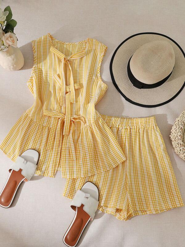 Franclia Set de 2 bucăți pentru femei, casual, cu imprimeu de fundă și maiou, pantaloni scurți lejeri cu talie și șnur, tiv cu volane, ținută de vară pentru plajă și vacanță