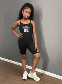 SHEIN Tween Girls Loose Short T-Shirt + Tight Jumpsuit 2pcs Set, Number Printed, Casual Daily Wear