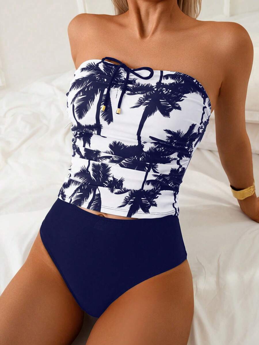 Swim Lushoire Springbreak 2025 新款女士两件套随机椰子树印花抹胸背心+纯色泳衣，海滩度假休闲夏季女士背心比基尼套装 - 藍色 - 查看 1