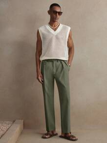 AKNOTIC Business Casual 男士宽松长款亚麻混纺休闲裤，适合日常穿着、上学 - 墨綠色 - 查看 2