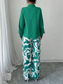 SHEIN LUNE Button Through Shirt & Allover Print Wide Leg Trousers - Multicolor - View 2