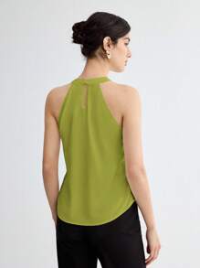 BizChic Olive Green Summer Elegant Office Halter Neck Tank Top,Solid Color Keyhole Neck Versatile Commuting 90s Retro Wedding Guest Party Fashion - Green - View 8
