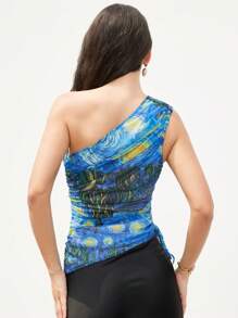 SHEIN Privé 梵高星夜画印花女式无袖短款荷叶边肩上衣 - 彩色 - 查看 2