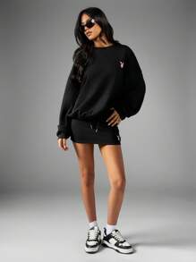 Missguided x Playboy 超大羊毛衫 个性图案 街头服饰 家居服 休闲装 舒适运动休闲装 长袖 冬季 秋季 基本款 经典款 运动风格 日常 - 黑色 - 查看 3